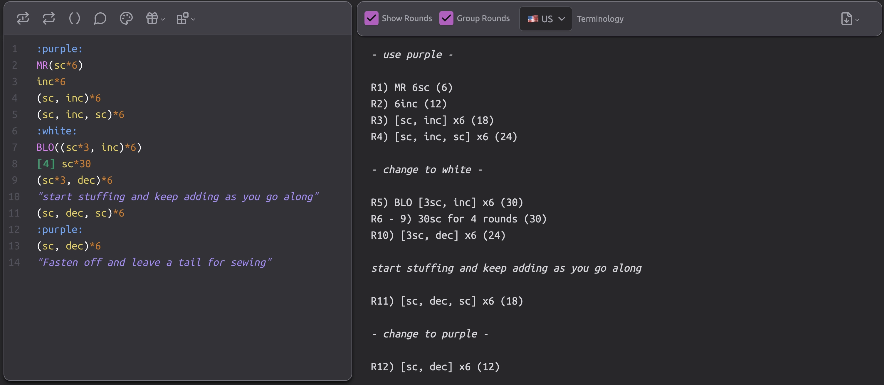 screenshot of the crochet pattern editor in action